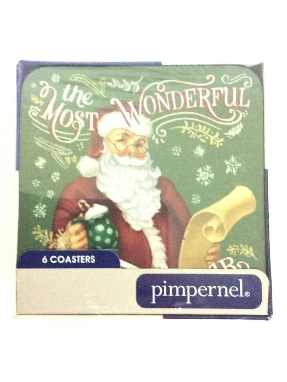 Pimpernel Santa Claus Coasters Set Of 6 Green Square Cork Back Holiday Christmas